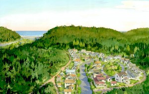 Aerial view of residential development illustrated in watercolor