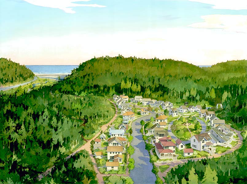 Aerial view of residential development illustrated in watercolor
