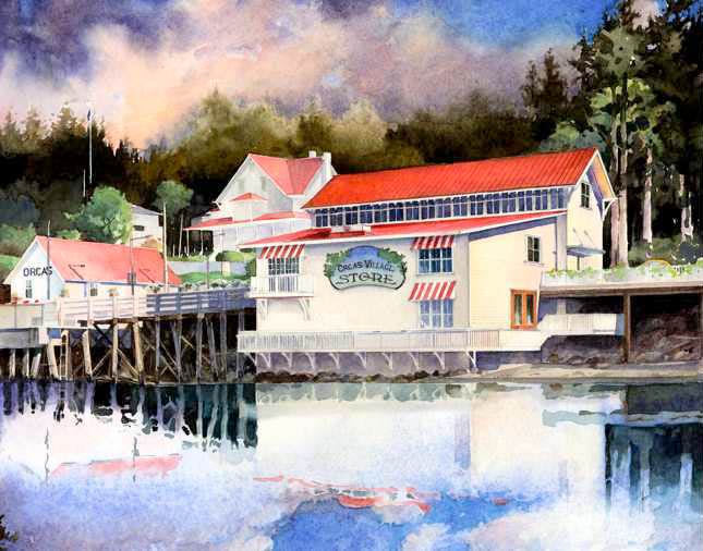 Orcas Store watercolor illustration