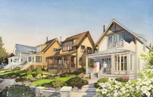 Watercolor illustration of custom homes