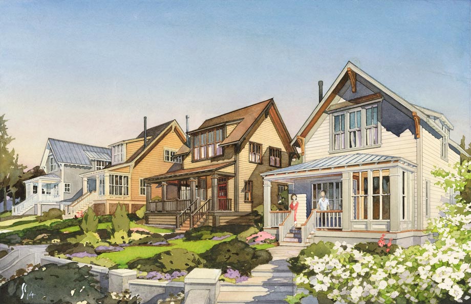 Watercolor illustration of custom homes
